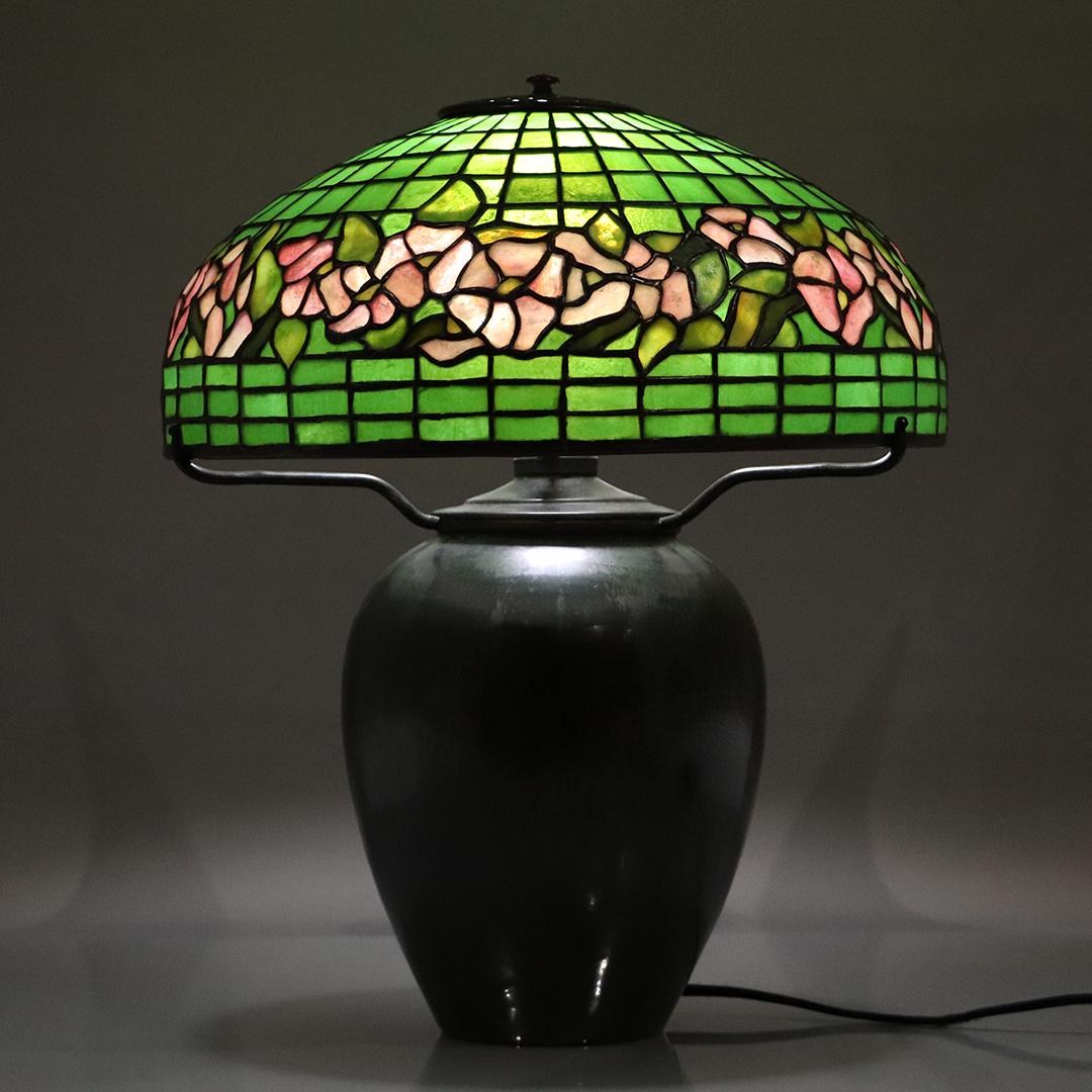 Tiffany Studios New York Dogwood Shade on Fulper Base: Tiffany Studios New York Signed Banded Dogwood Leaded Glass Shade on a signed Fulper Art Pottery Base. Size: 16 in. h, 14 inch shade