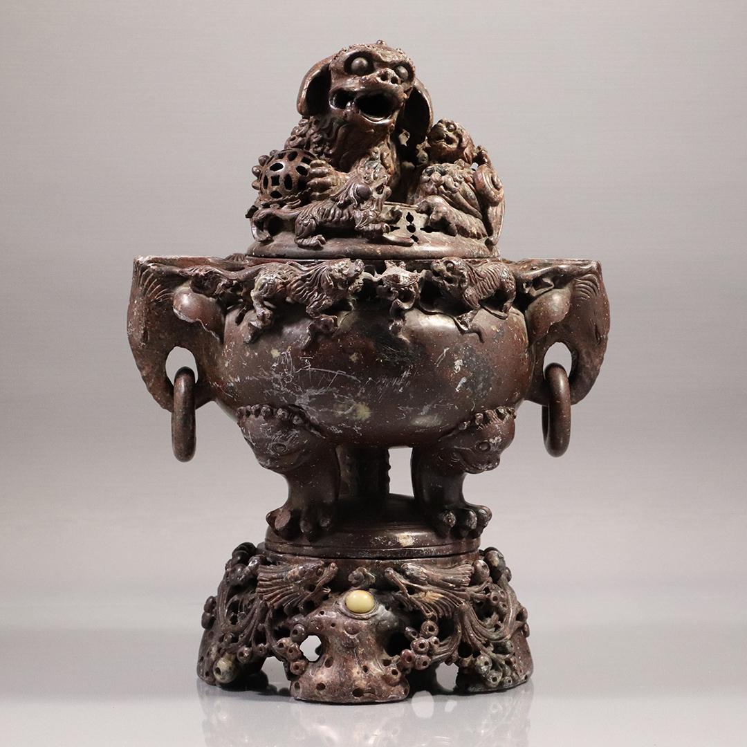 Chinese Hard Stone Censor Ornate with Foo Dogs on Cover: Chinese Hard Stone Censor Ornate with Foo Dogs on Cover. Vessel comes in 3 parts, base, body and lid. Each carved out of either a hard stone such as marble or a hard soapstone. Oriental foo dogs or li
