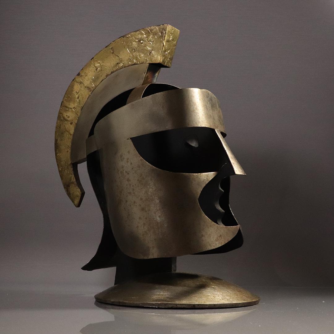 Mid-Century Bronze & Heavy Gauge Steel Spartan Helmet: Mid-Century Bronze & Heavy Gauge Steel Spartan Helmet. Size: 17h x 9.5 inches very heavy