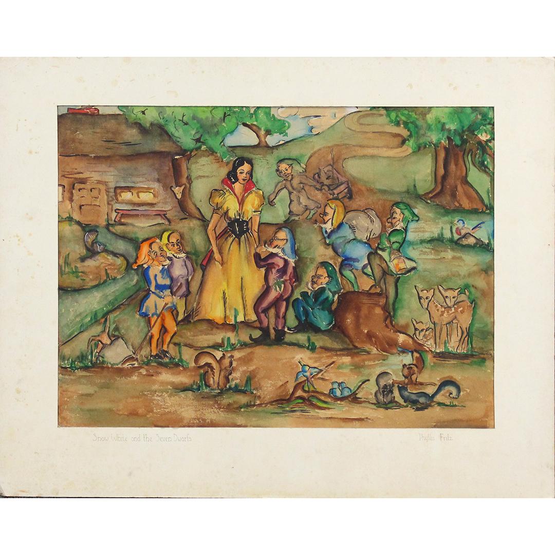 Phyllis Fritz, w/c Illustration Snow White Seven Dwarfs: Phyllis Fritz, w/c Illustration Snow White and the Seven Dwarfs. Signed and titled. Size: 18 x 24 inches image, 22 x 28 inches outside
