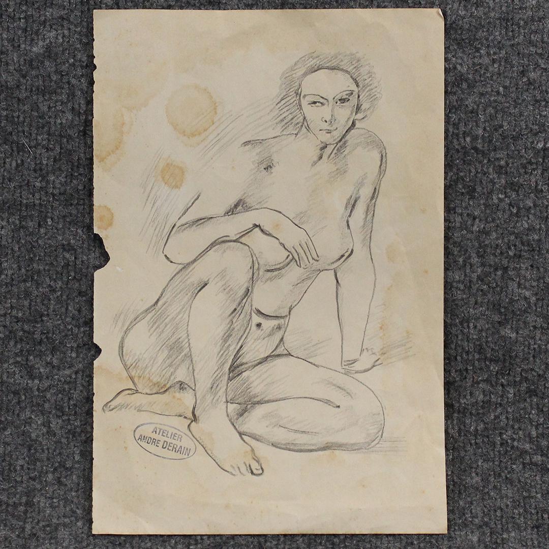 Andre Derain Pencil Drawing Nude Girl Estate Stamp: Andre Derain Pencil Drawing Seated Nude Girl with Estate Stamp. Size: 11.5 x 7.75 inches