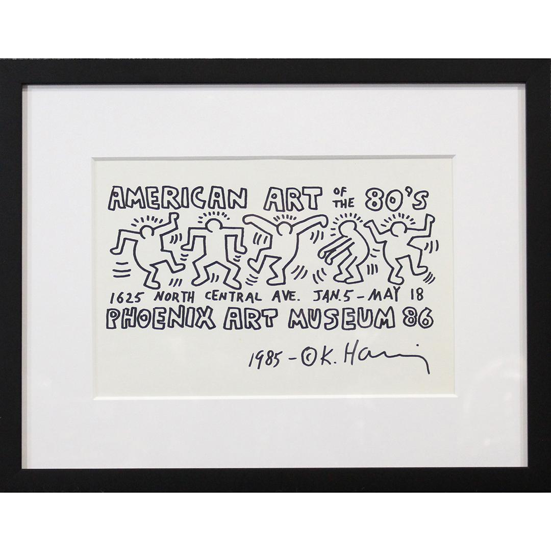 Keith Haring, Marker on Paper, American Art of the 80s: Keith Haring, Marker on Paper, American Art of the 80s. Phoenix Art Museum 1986, Signed and dated 1985. Size: 8 x 12 inches image, 14.25 x 18.25 inches outside frame