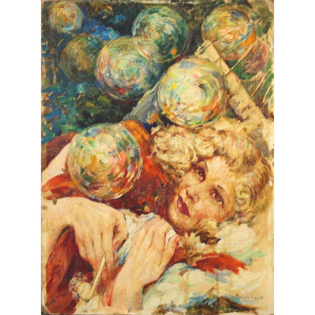 Malcolm Frazer '44 Illustration Forever Blowing Bubbles: Malcolm Frazer '44 Illustration Forever Blowing Bubbles, Oil on board painting, Signed and front and also signed, dated 1944 and Titled on verso: I'm Forever Blowing Bubbles. Size: 24 x 18 inches. ASK