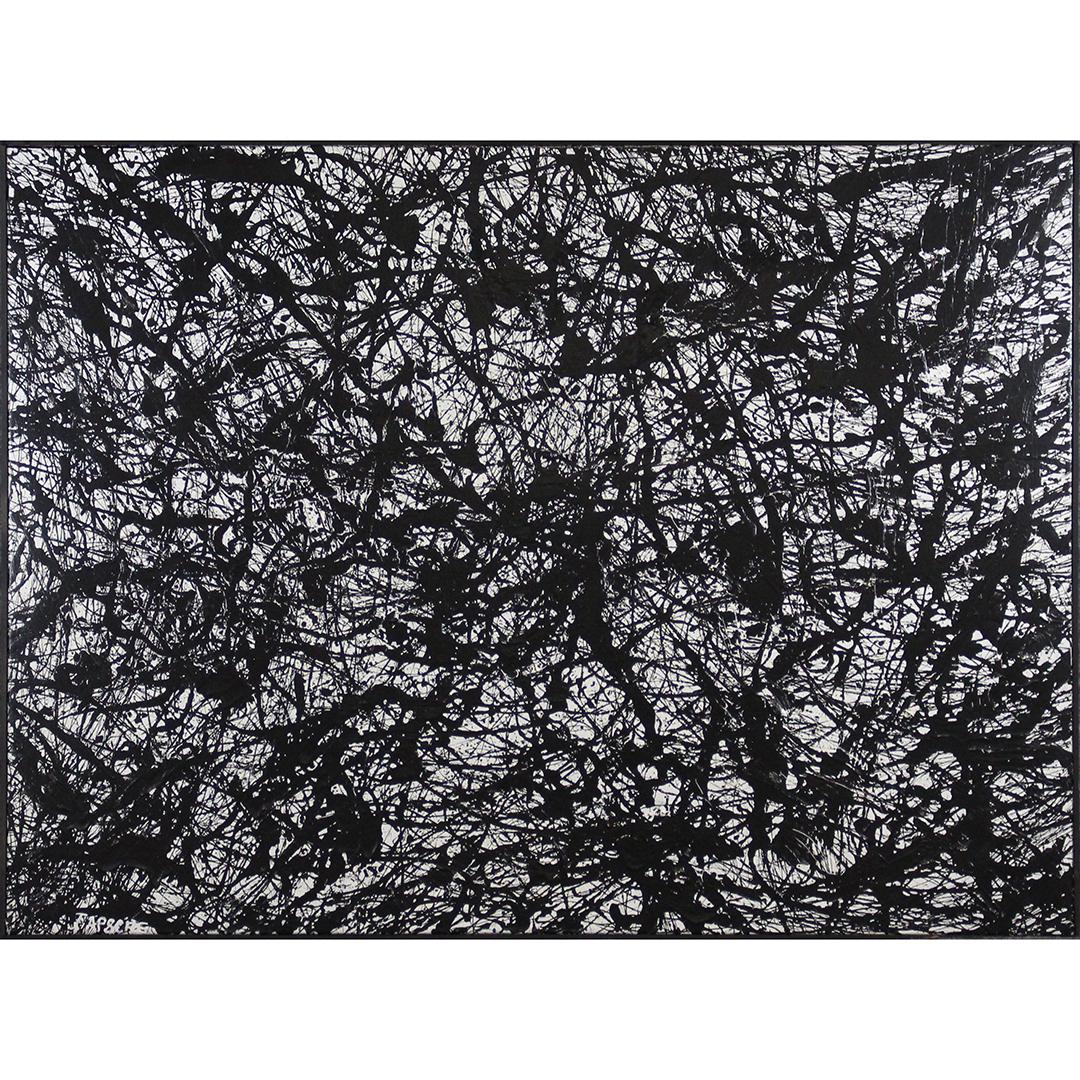 Jackson Pollock Style Mid-Century Drip Art Black White: Jackson Pollock Style Mid-Century Drip Art Black White. Large size oil on canvas painting. Nice quality, unsigned. Size: 36.5 x 48.5 inches