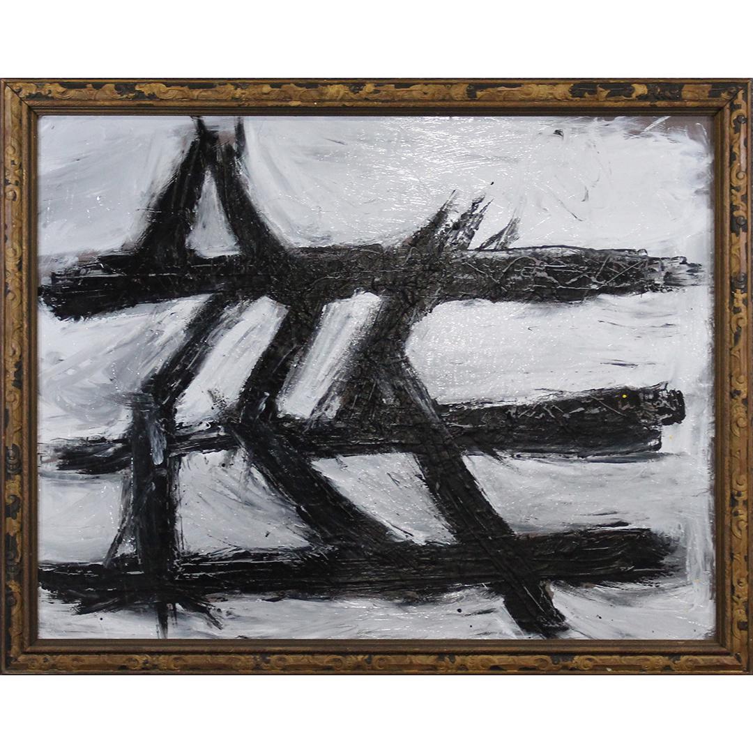 Franz Kline attributed Mid Century Modern Abstract Oil: Franz Kline attributed Mid Century Modern Abstract Oil on board. Black and white abstract lines. Strong image. Unsigned, framed. Size: 28.5 x 36.5 inches image, 32 x 40 inches outside frame