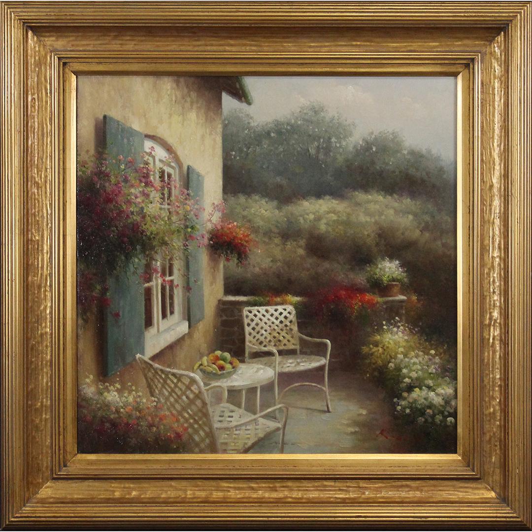 K Leal, 20th C. Oil/c Garden Outdoor Patio Scene: K Leal, 20th C. Oil/c Garden Outdoor Patio Scene. Signed. Oil on canvas painting. Quality gold frame. Size: 24 x 24 inches image, 33 x 33 inches outside frame
