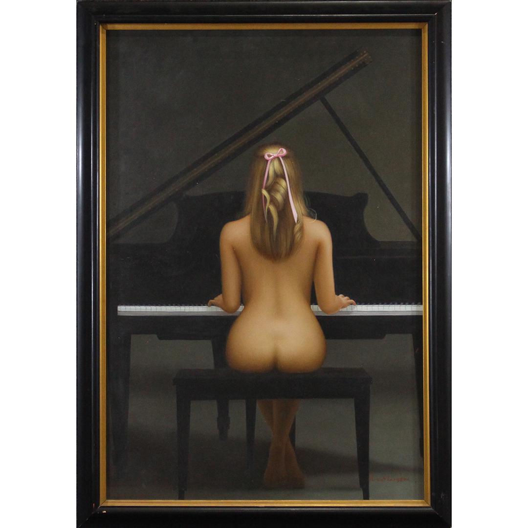 Ron Marston, Nude Female Playing Piano, Signed: Ron Marston, Nude Female Playing Piano, Signed, 20th C. Oil on canvas painting, framed. Size: 36 x 24 inches image, 40.25 x 28.5 inches outside frame
