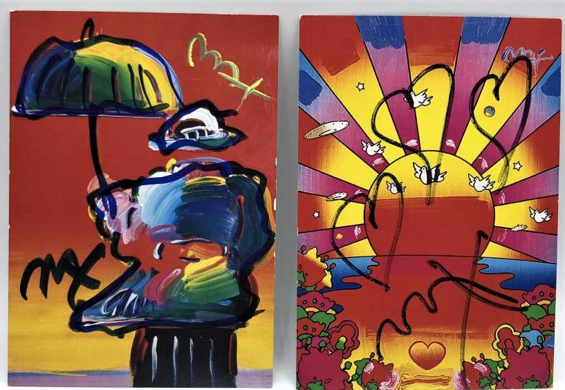 Two [2] Pop Art Postcards Peter Max Signed Autographed: Two [2] Pop Art Postcards Peter Max Signed Autographed. Both are Signed and with a Doodle. Each different Post Card. Colorful. Well Listed American Pop Art Artist. Size: 5.75 in. x 4 1/8 in. ASKart: P
