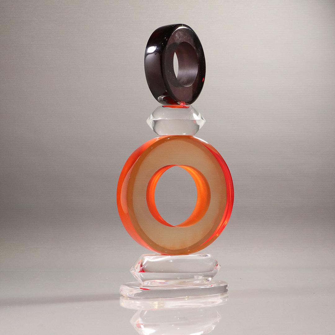 Hivo Van Teal Signed Lucite Orange Black Ring Sculpture: Hivo Van Teal Signed Lucite Orange Black Ring Sculpture. Signed on side base: Van Teal. Size: 13.5h x 5.5w inches