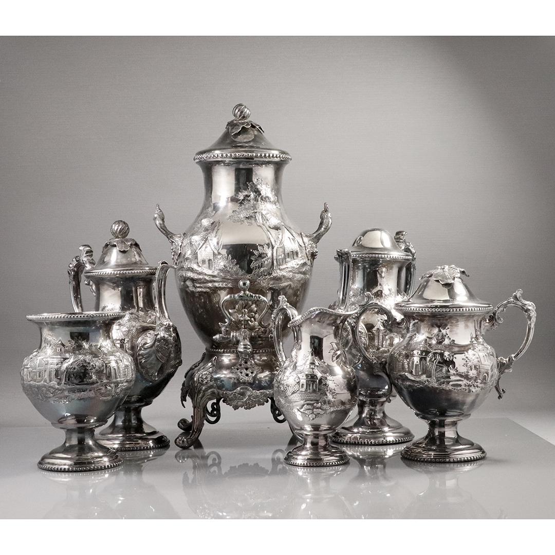 Unique 6 Piece Silver Plate Tea Set Embossed Castle: Unique 6 Piece Silver Plate Tea Set Embossed Castle scene. Antique. Size: 7-17h inches