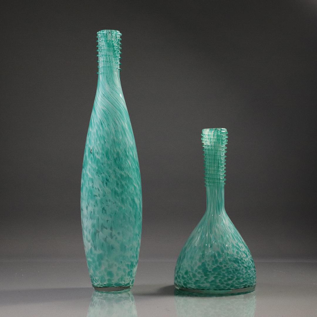 Two [2] Czech Art Glass Mid-Century Green Tall Vases: Two [2] Czech Art Glass Mid-Century Green Tall Vases. Size: 10-16h inches