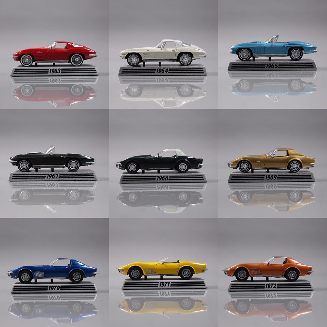 The Danbury Mint Corvette series (10x) cars: Collect the entire Danbury Mint Corvette collection. Listed are cars from the years 1963, 1964, 1965, 1966, 1967, 1968, 1969, 1970, 1971, 1972, Models are the v-8 versions with plates and information