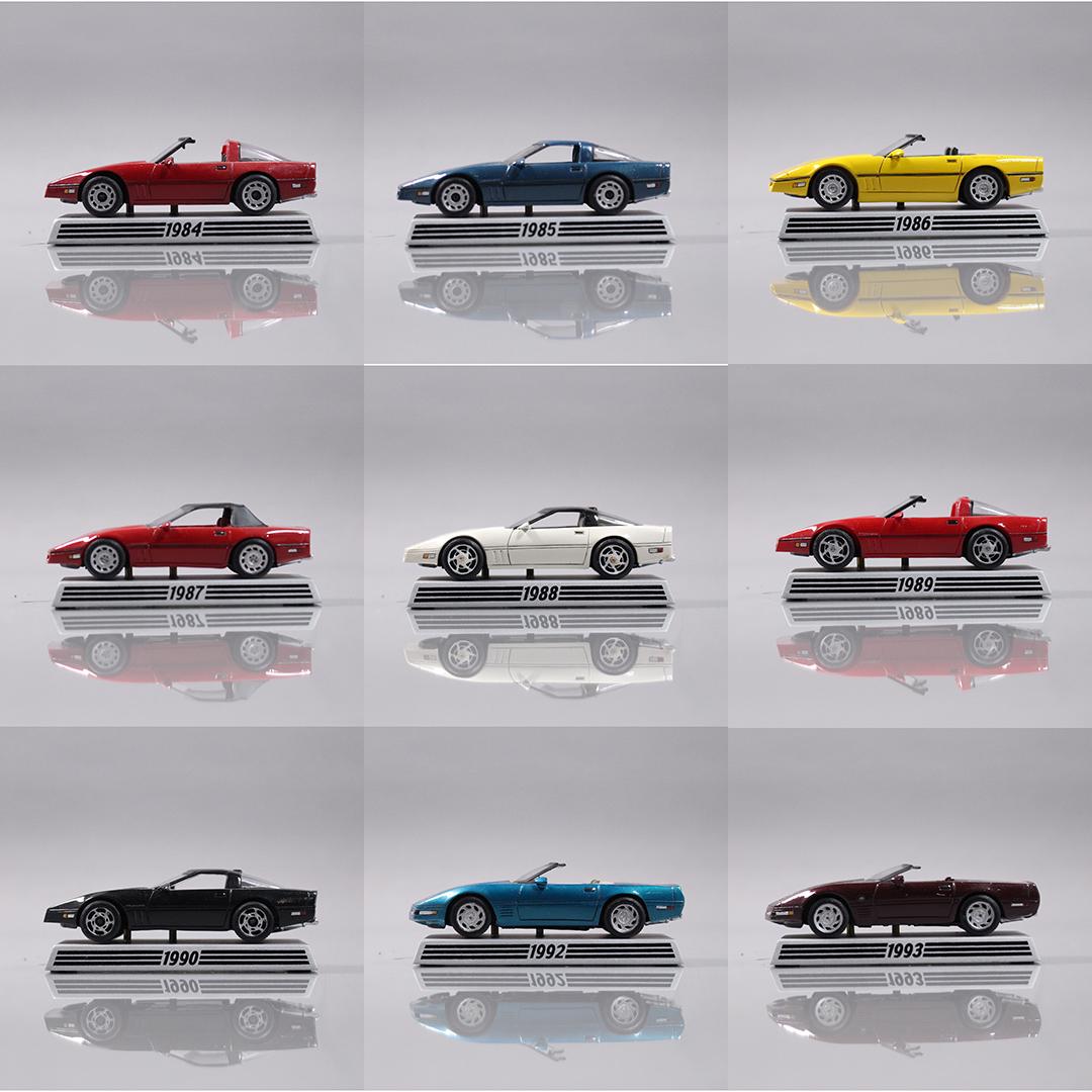 (10x) Danbury Mint Corvette Miniature Cars wl Display: Collect the entire Danbury Mint Corvette collection. Models are the v-8 versions with plates and information underneath. Size: 4 x 2.25 display is 27 x 25