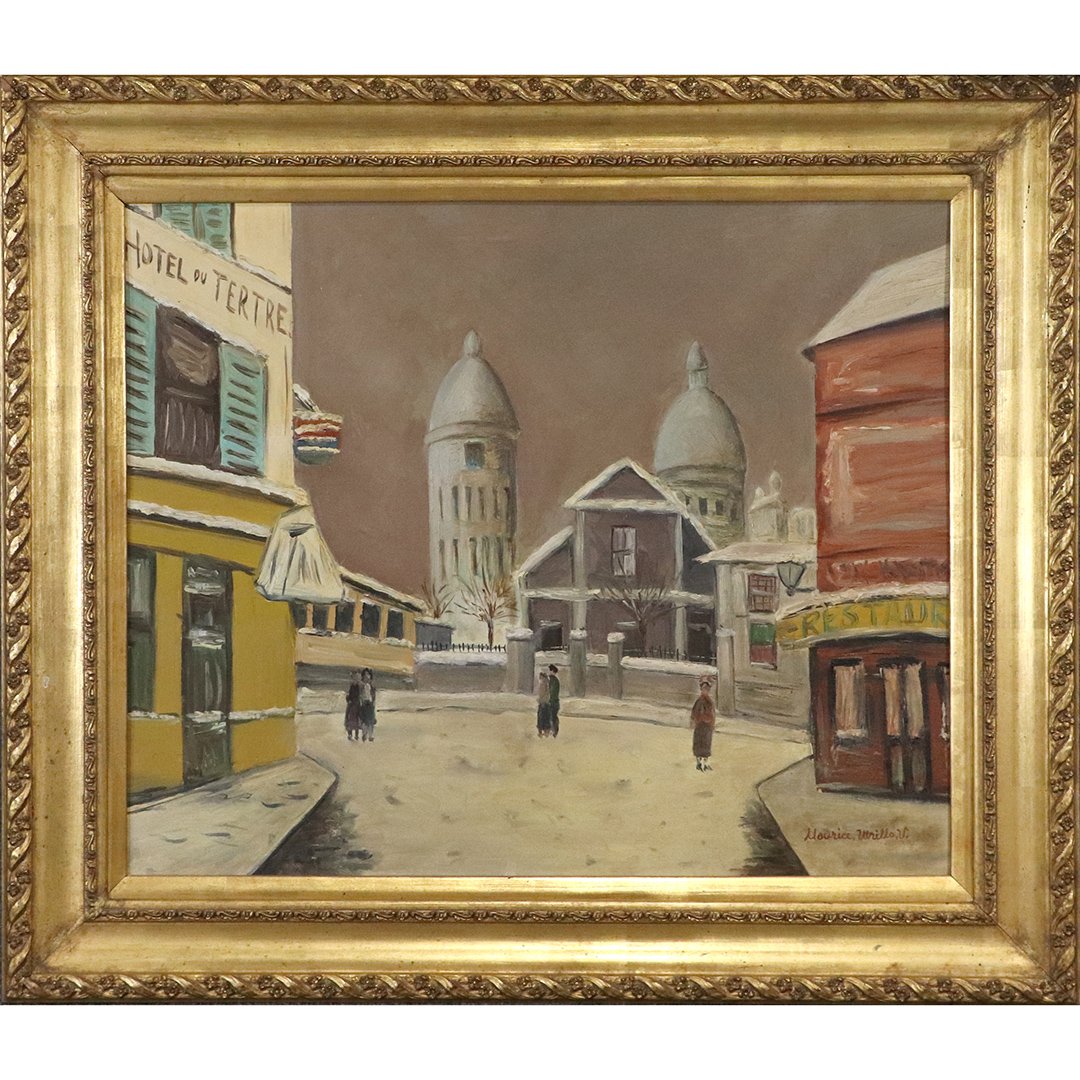 Maurice Utrillo V. , Oil Painting Village Street Signed: Maurice Utrillo V. , Oil Painting Village Street Signed. Well listed French Artist. Oil on board Painting, Signed, Framed, Label on verso: Shapiro NY.. Size: image 24 in. x 29 in. ; outer frame 32 in.