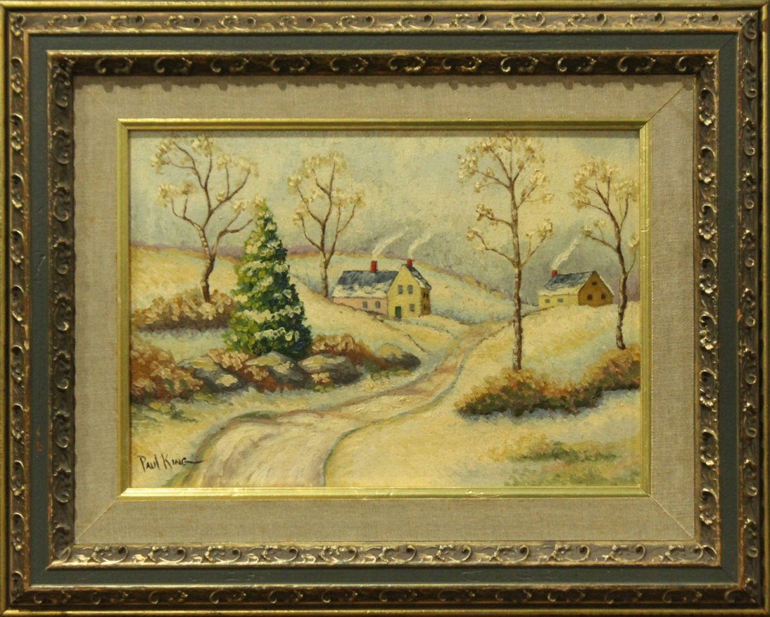 PAUL KING, Oil/B, WINTER LANDSCAPE WITH HOMESTEAD: PAUL KING, Oil/B, WINTER LANDSCAPE WITH HOMESTEAD., signed lower left, oil painting on board, framed. Well listed American Artist. Size: 10 x 14 , outside of frame: 16 x 20. Paul Bernard King (1867 -
