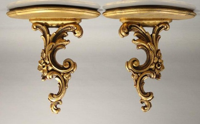 Pair Vintage Syroco Wood Wall Brackets: Pair Vintage Syroco Wood Wall Brackets. Gold finish. 9.75 x 9 x 4 inches