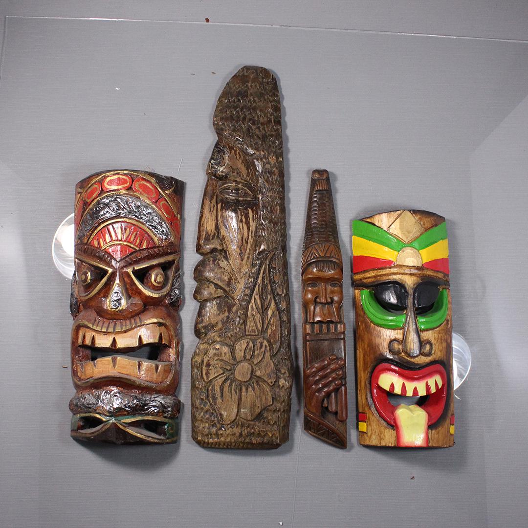 Four [4] Carved Wood Ceremonial Masks Indonesia: Four [4] Carved Wood Ceremonial Masks Indonesia. Size: 11.5 x 5 inches, 17 x 4.5 inches, 12.25 x 2, 10 x 4.25 inches