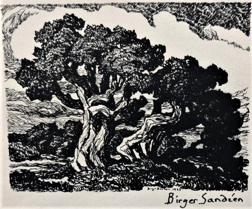 Birger Sandzen 1925 Print, Road in The Wilderness: Birger Sandzen 1925 Print, Road in The Wilderness. Signed in the plate twice and dated 1925. Unframed. Size: image 6 in. x 4 5/8 in.; full sheet size 12.5 in. x 9 3/8 in.ASKart: Birger Sandzen (1871 -