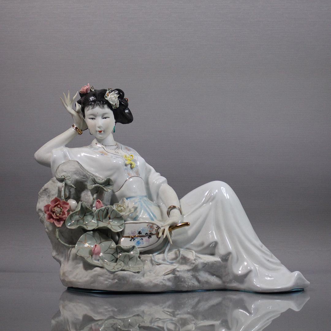 Chinese Porcelain Reclining Girl Hold Hand Fan: Chinese Porcelain Reclining Girl Holding Hand Fan. Size: 11 x 14w \\\"