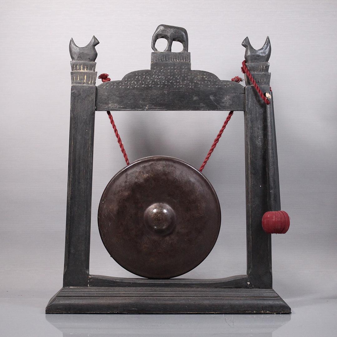 Table Top Nipple Gong Mounted on Teak Wood Frame: Table Top Nipple Gong Mounted on Teak Wood Frame, mallet included. Size: 17.5 x 14.5 "