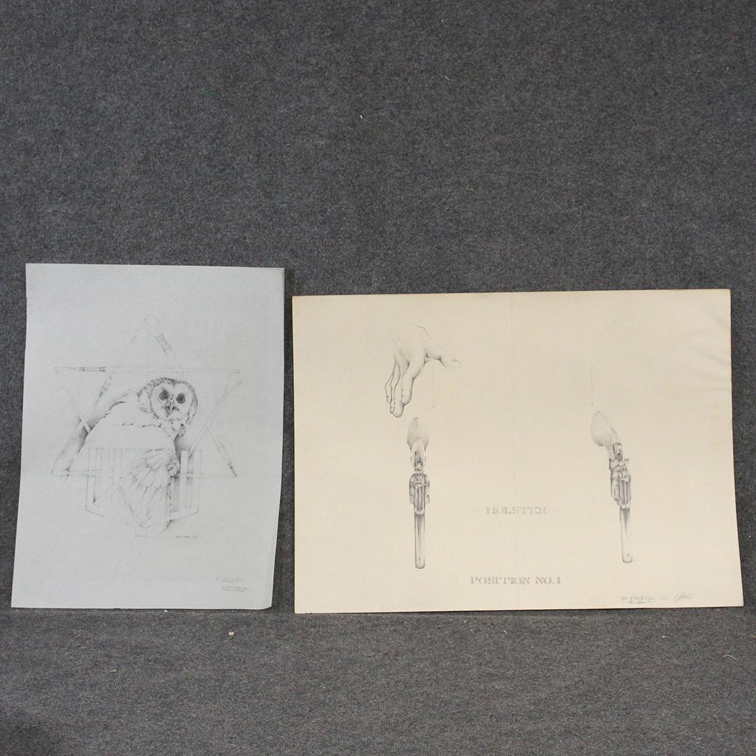 Marc A Beard, Two Fine Pencil Drawings, Hand, Pistol: Marc A Beard, Two Fine Pencil Drawings, Hand, Pistol. Size: 22 x 30 inches, 23.75 x 18 inches