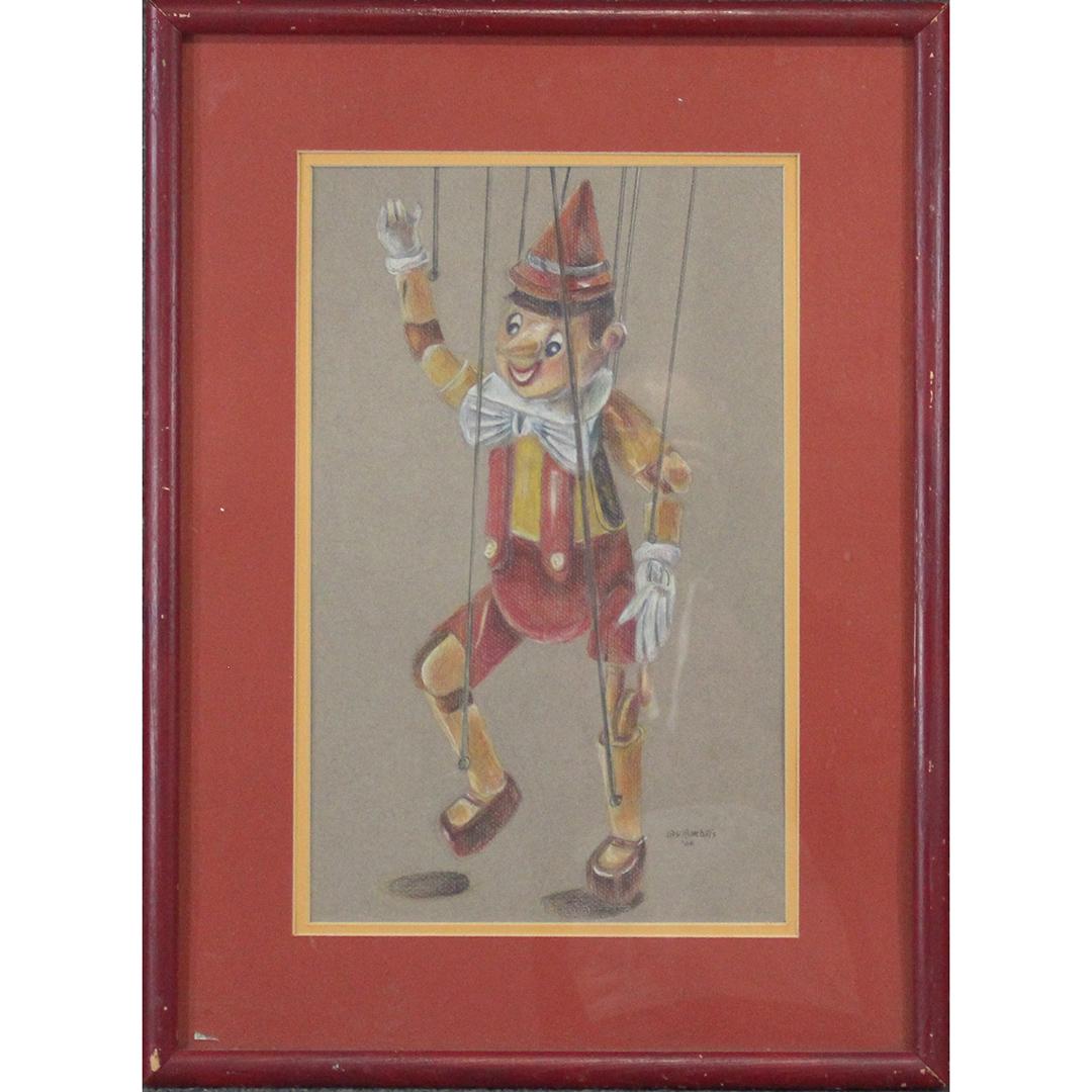 Jan Rumbutis, Color Mixed Media Pinocchio Puppet: Jan Rumbutis, Color Mixed Media Pastel Pinocchio Puppet. Signed. Size: 16 x 10 inches image, 23 x 17 inches outside frame