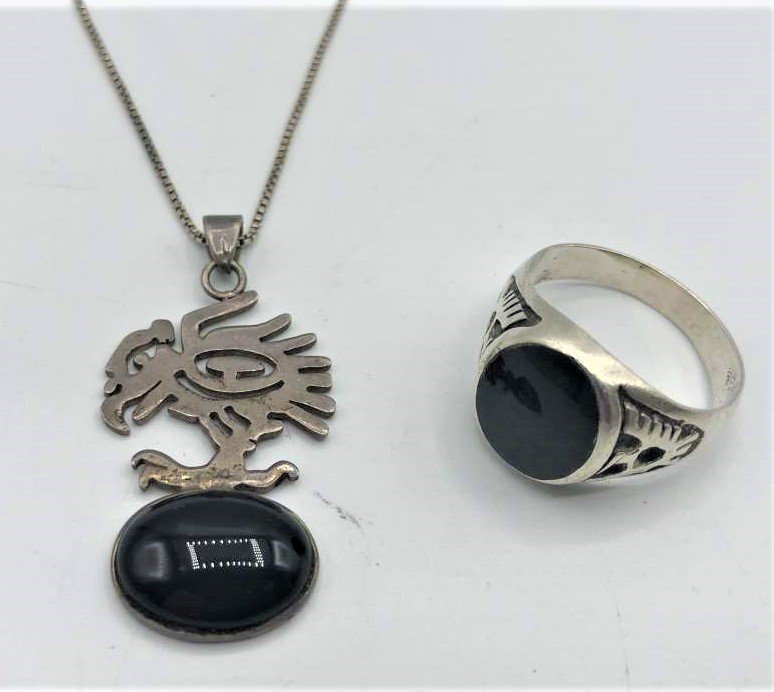 2-PC STERLING SILVER MEN: 2-PC STERLING SILVER MEN'S NAVAHO RING & NECKLACE with EAGLE And BLACK ONYX PENDANT. Ring Size 12; Necklace 20 in. chain.