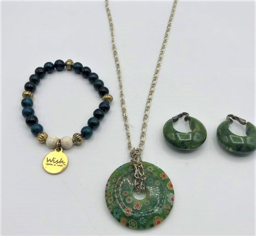 [3] Millefiori Pendant, Bakelite Earrings Jade Bracelet: [3] Millefiori Pendant, Bakelite Earrings Jade beads Bracelet. Sizes: pendant 1 5/8 diameter, Sterling chain 22 in. length; earrings 1 1/8 in/; bracelet 3 in. diameter