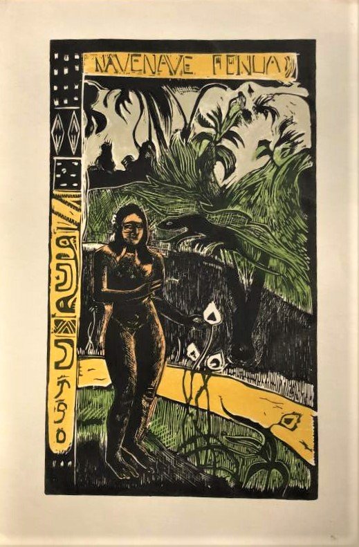 PAUL GAUGUIN, Nave Nave Fenua, Color Print: PAUL GAUGUIN, Nave Nave Fenua, Color Print after the woodcut. Size: image 13 in. x 7 5/8 in.; full shhet size 15.75 in. x 11 3/8 in. ; ASKart: Paul Gauguin (1848 - 1903)Paul Gauguin was active/lived i