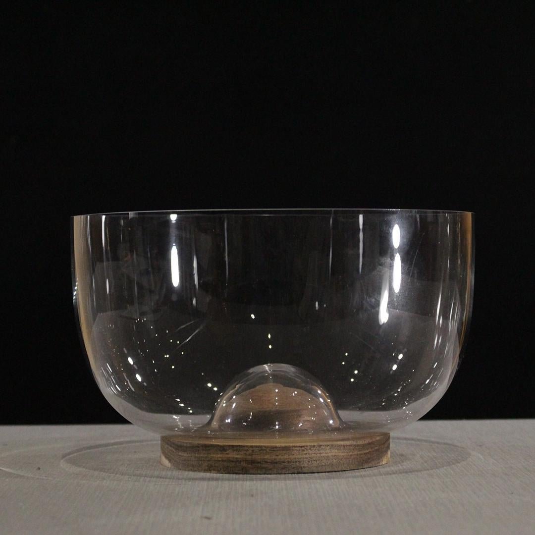 Scandinavian Style Glass Bowl with Fitted Wood Base.: Scandinavian Style Glass Bowl with Fitted Wood Base. Size: 5.75 x 9.25 inches