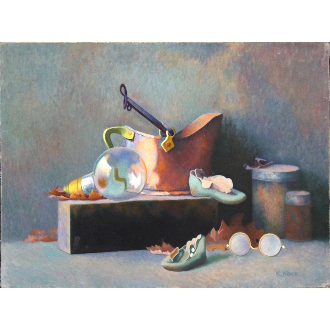 Karen Weber, Oil/c, Coal Hog, Light Bulb. Shoes: Karen Weber, Oil/c, Coal Hog, Light Bulb. Shoes. Oil on canvas painting. Signed. Size: 18 x 24 All descriptions and titles are visual opinions based on the Auction houseÂ’s experience and do not wa