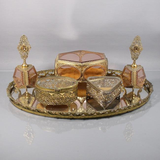 6-Pc Dresser Tray Set with Perfumers, Dresser Boxes: 6-Pc Dresser Tray Set with Perfumers, Dresser Boxes. Vintage circa 1940, fancy metal frames on glass, dresser tray has mirror bottom. Size: 2.75-9 inches height. Tray 22x14.5 inches