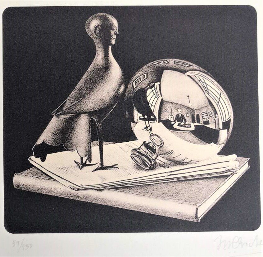 MC Escher Surrealism Engraving Artist Signed No. 59/150: MC Escher Vintage Surrealism Engraving Artist Signed & No. 59/150. Pencil signed and numbered. Artist name illegible, NOTE artist name has been identified as MC Escher. Size: image: 5.5 in. x 6.25 in.