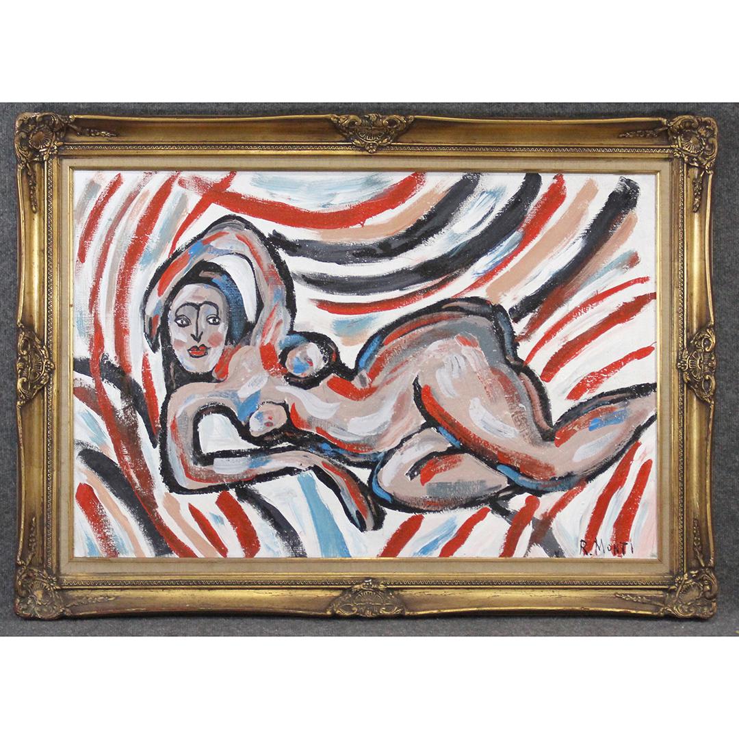 R. Monti, Mid-Century Reclining Nude in Abstract Oil/c: R. Monti, Mid-Century Reclining Nude in Abstract Oil/c. Oil on canvas painting, Signed, Framed. Popular Philadelphia Area Artist. Size: 24x36, 30.25x42.25 outside frame