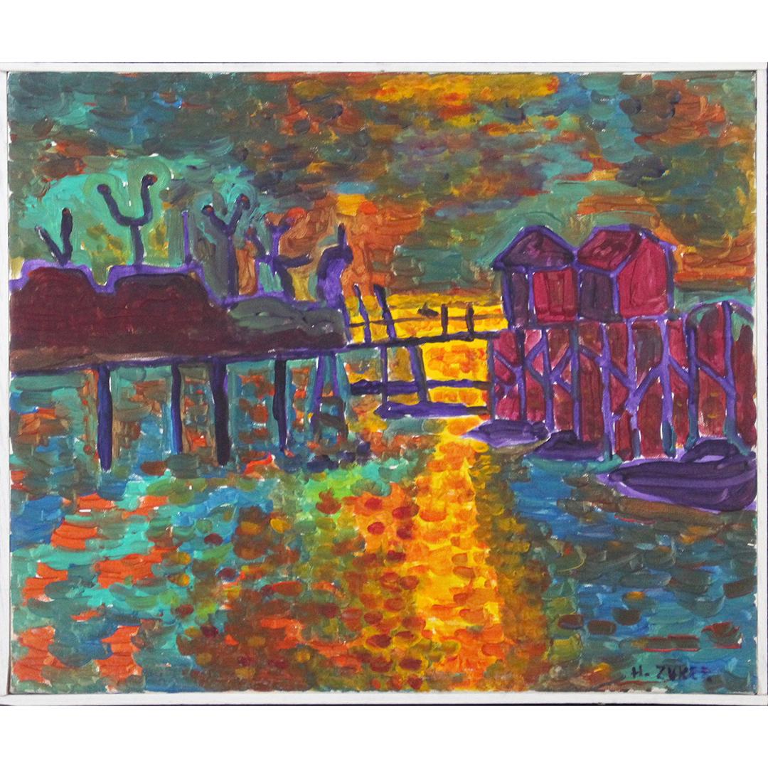 HERMAN ZUCKER, b.1959 Polish / Amer Maine Harbor Sunset: HERMAN ZUCKER, b.1959 Polish / American with Jewish roots, son of artist Jehudith Sobel, Maine Harbor at Sunset, Acrylic on canvas. Size: 20x24, 20.75x24.75