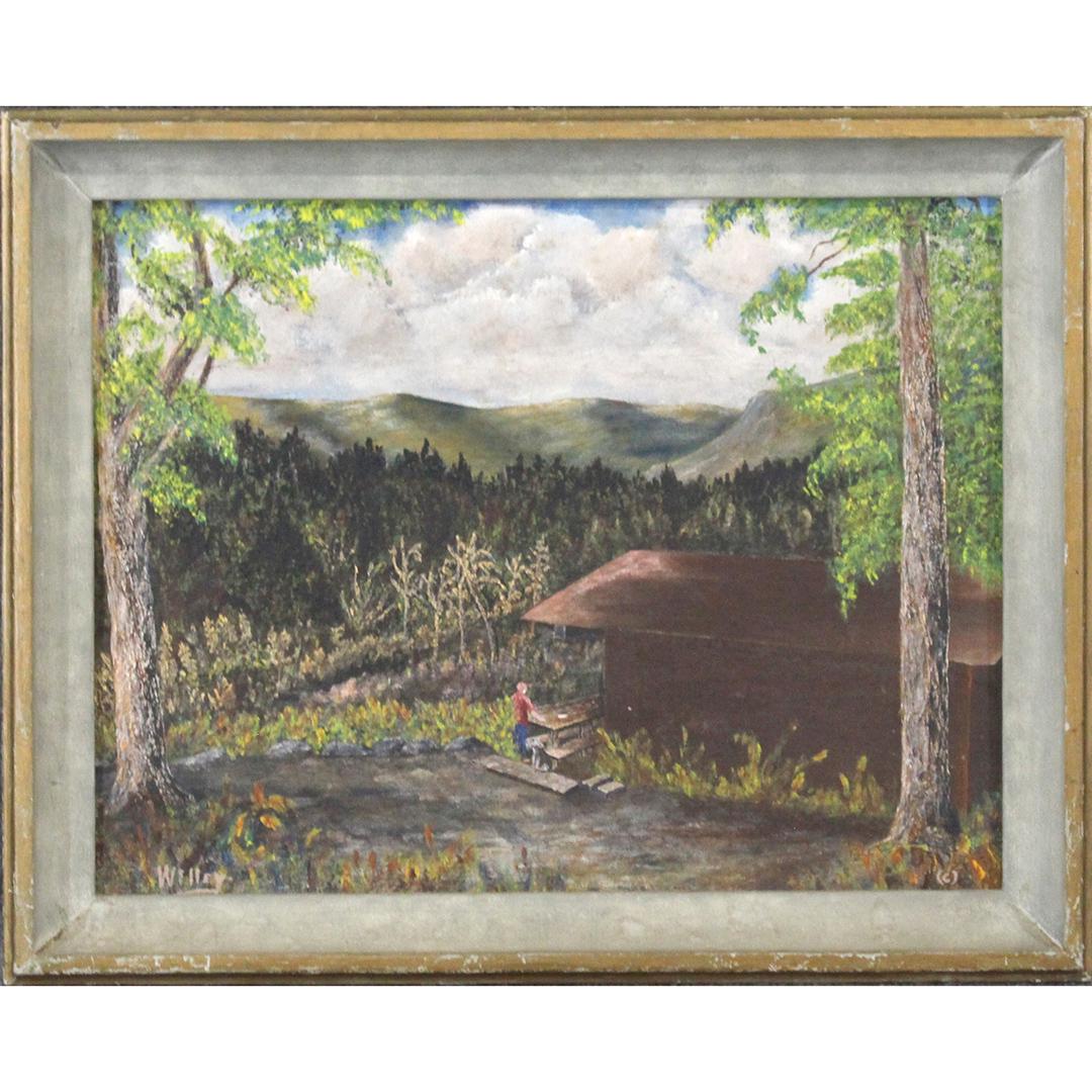 Willey, Oil/b Mountain Top Cabin Retreat Painting: Willey, Oil/b Mountain Top Cabin Retreat Painting. Oil on board, signed, framed. Size: 14x18, 16.5x20.75 ouside frame