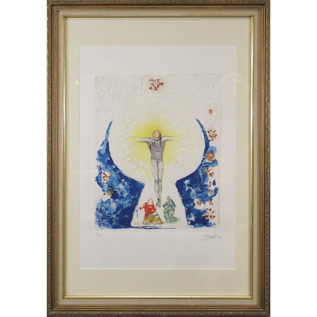 Salvador Dali, Intaglio Lithograph Christ Crucified: Salvador Dali, Intaglio Lithograph Christ Crucified. Pencil signed and numbered #237/300. Framed. 20.5 x 17 inches image, 40.25 x 28.25 inches outside frame