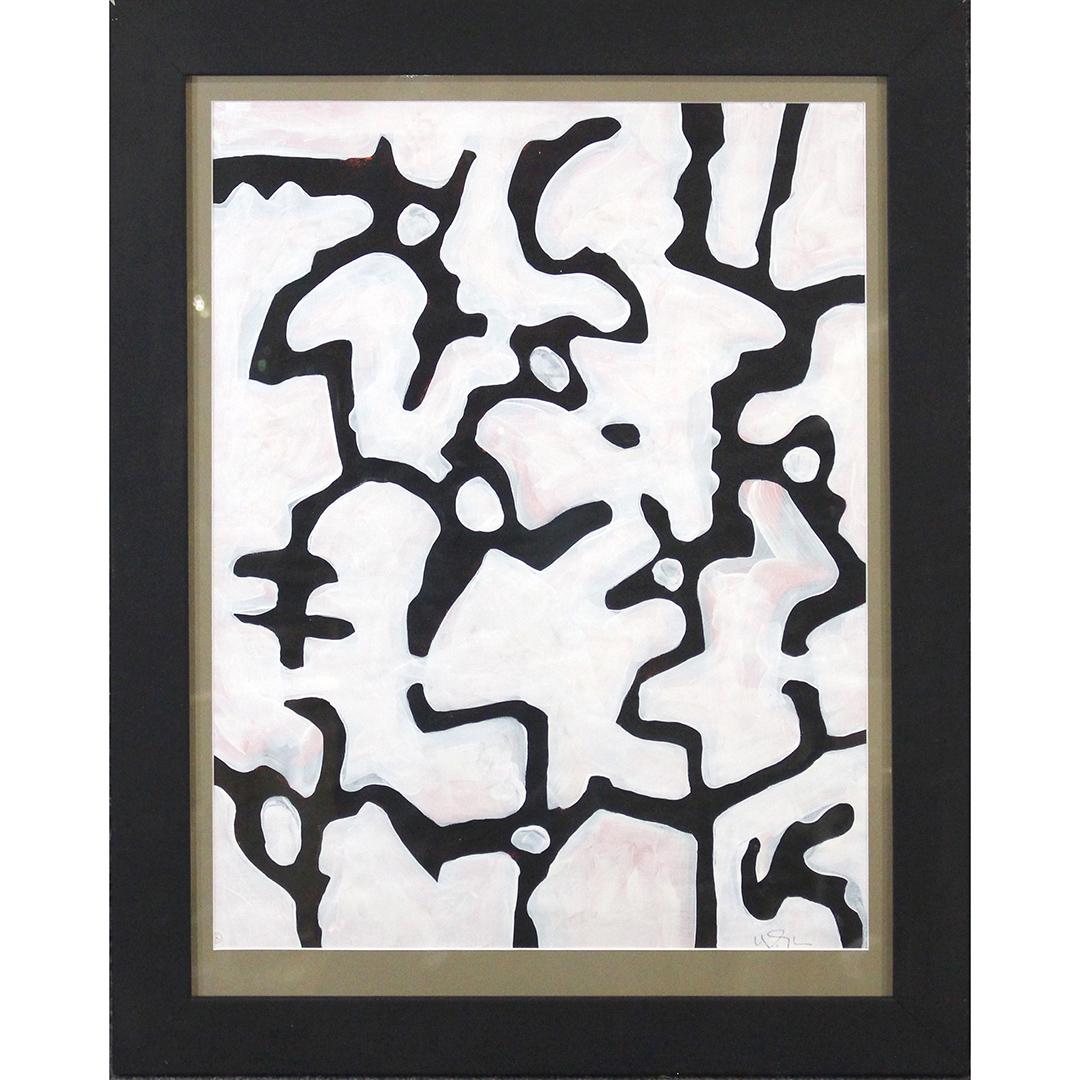 Wayne Cunningham, American, Abstract Black & White Oil: Wayne Cunningham, American, Abstract Black & White Oil on board painting. Signed, framed. Well listed American Artist. 21.5 x 16.5 inches image, 27.5 x 21.75 inches outside frame. ; ASKart: Wayne Cunn