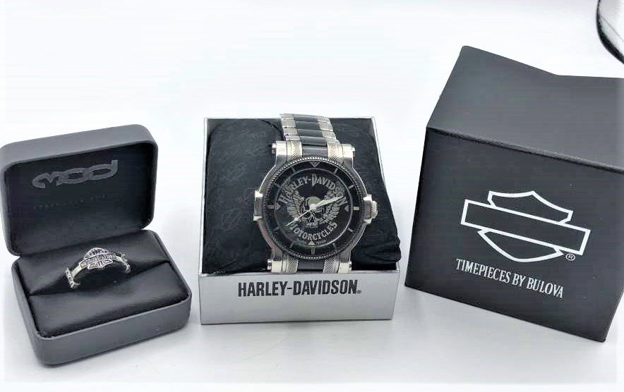 Harley Davidson Men's Wristwatch and Ring both in Boxes: Harley Davidson Men's Wristwatch and Ring both in Boxes. Wristwatch: Harley Davidson Motorcycles, Timepieces by Bulova; Ring: Steel Double Cable Band Size: 9.5 ; Note: watch has new extra band and ext