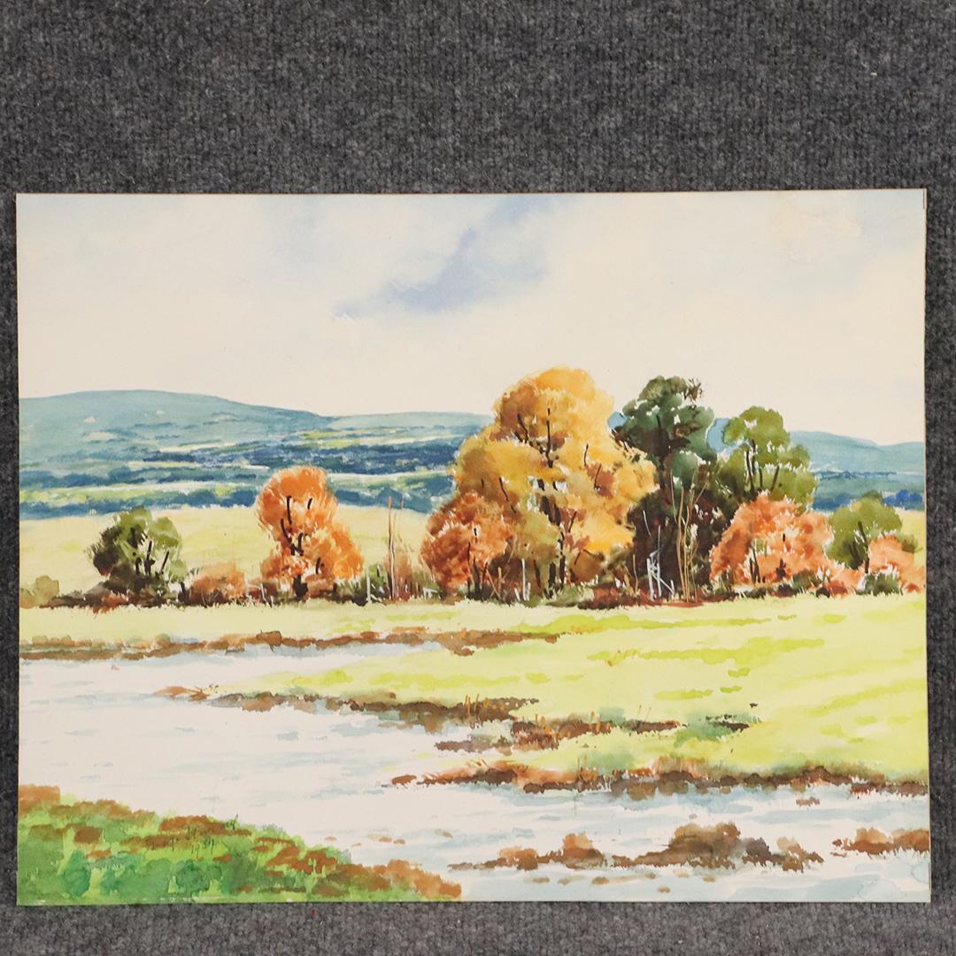 George Stimmel 1957 Watercolor, Autumn Landscape Stream: George Stimmel 1957 Watercolor, Autumn Landscape Stream. Watercolor painting on board. Signed and dated 1957. Well Listed American Artist. ASKart: George Stimmel (1880 - 1964)George Stimmel was active