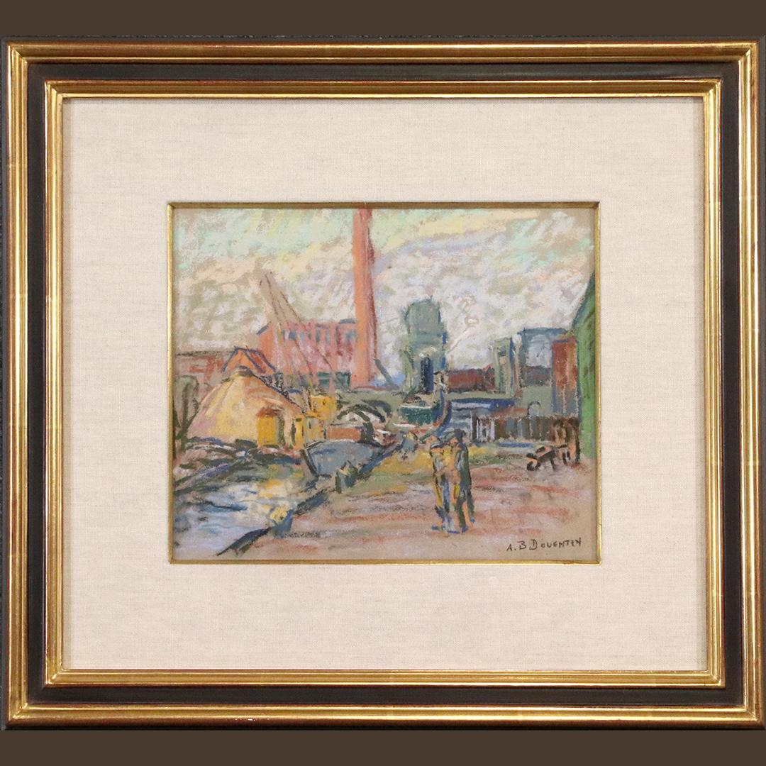 Alice Browing Doughten 1880-1969 NJ, Pastel Aroma Mills: Alice Browing Doughten 1880-1969 NJ, Pastel Aroma Mills. Pastel painting, Mid-Century Modern Industrial Scene. Signed A B Doughten, information on verso. Well listed American Artist. Size: 9x11 image,