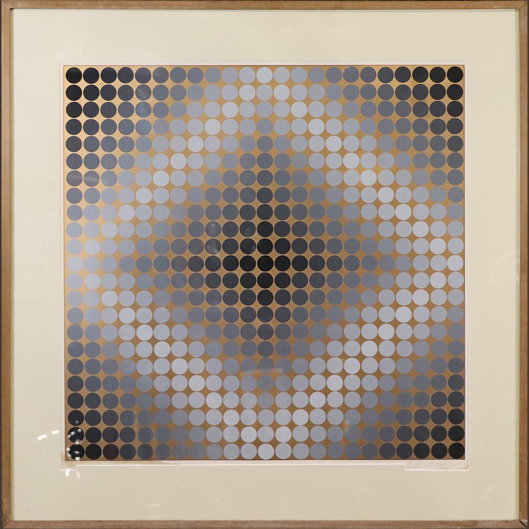 Victor Vasarely, DIAGO #212 of 250, Kenmore Galleries: Victor Vasarely, DIAGO #212 of 250, Kenmore Galleries, Philadelphia Pa. Framed and Matted Optical Lithograph. Pencil signed and numbered. Kenmore Galleries label on verso. Size:23.5x23.5 image, 31.5x3