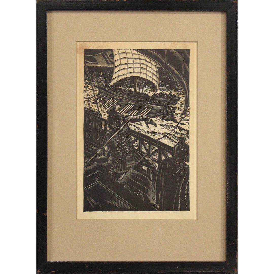 Bryce, Engraving Soldier Throwing Spear At Galleon Ship: Bryce, Engraving Soldier Throwing Spear At Galleon Ship. Size:6x4.25 image, 9.25x7 outside frame