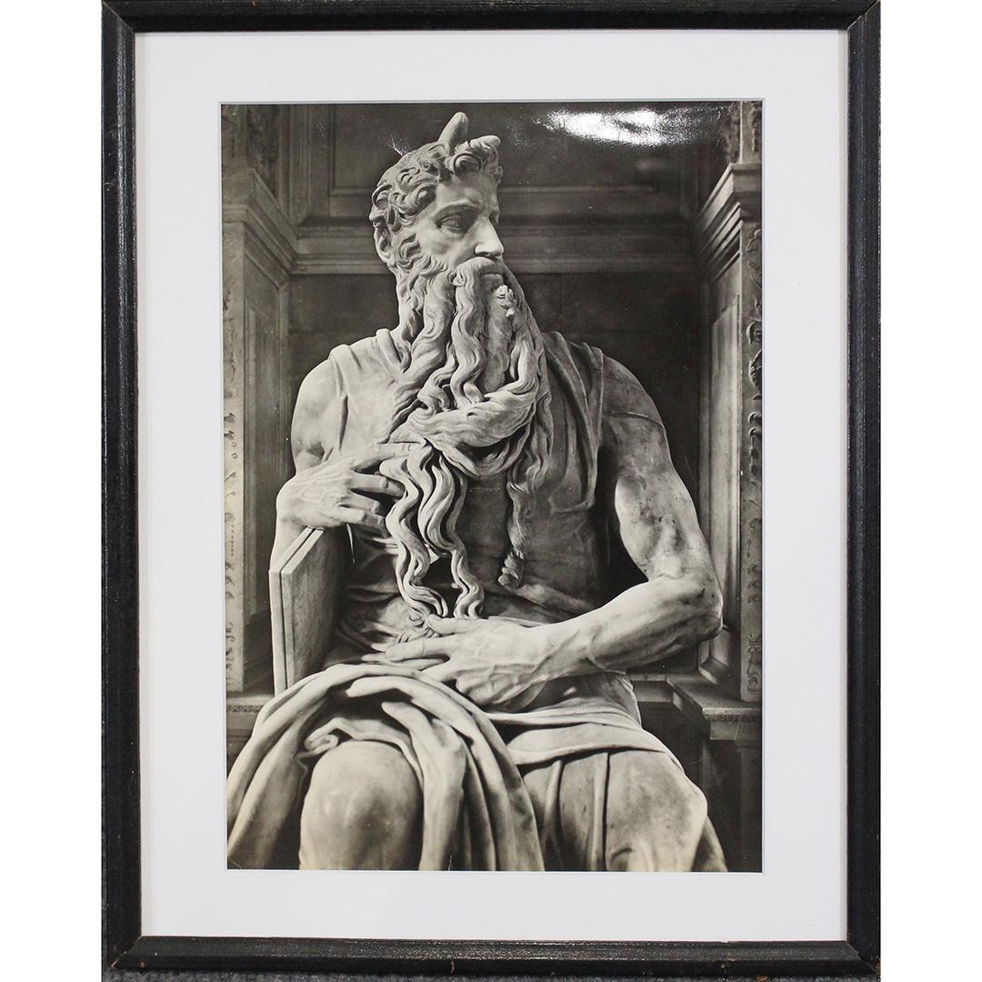 Print: "Moses" by Michelangelo, Part of Medici Tomb: Framed Print: "Moses" by Michelangelo, Part of Medici Tomb Size: 11.5x8 image, 14.75x11.75 outside frame.