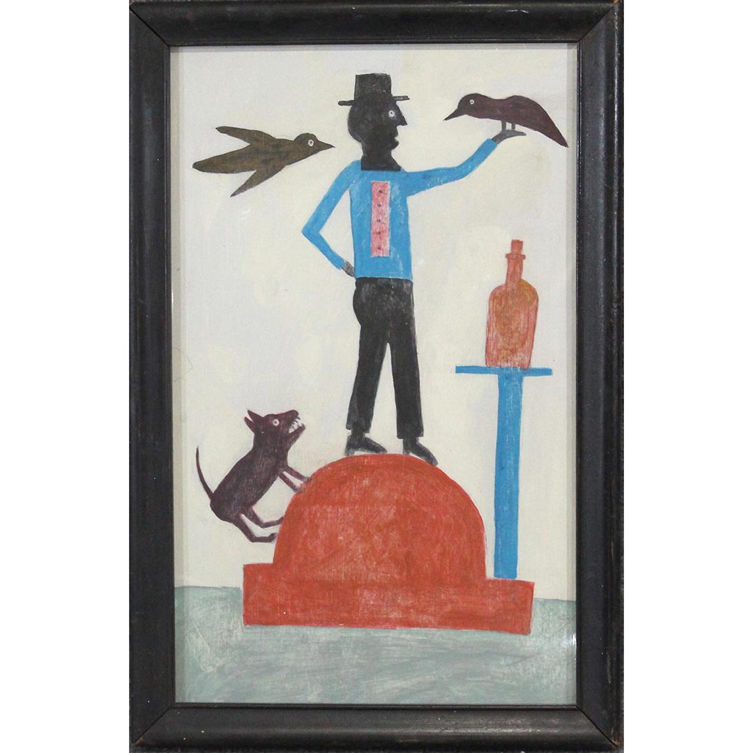 Attributed to Bill Traylor [unsigned] Folk Art Painting: Attributed to Bill Traylor [unsigned] Folk Art Painting. Man wearing top hat, birds, dog. Framed. American Folk Art Watercolor Painting. Size: 16x10 image, 17.75x11.75 outside frame
