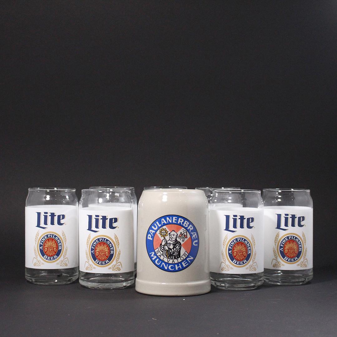 [8] Pcs. 7 LITE Beer Glasses and 1 Stoneware Beer Mug: [8] Pcs. 7 LITE Beer Glasses and 1 Stoneware Beer Mug. Size: 5.25 in. height.