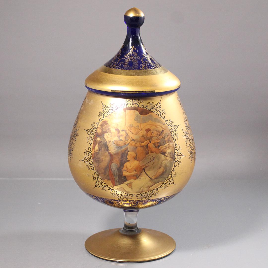 Italian Cobalt Blue Glass Covered Jar Heavy Gold Scenic: Italian Cobalt Blue Glass Covered Jar Heavy Gold Scenic . many figures, Old World scene. Size: 14.5 in. x 6.5 in.