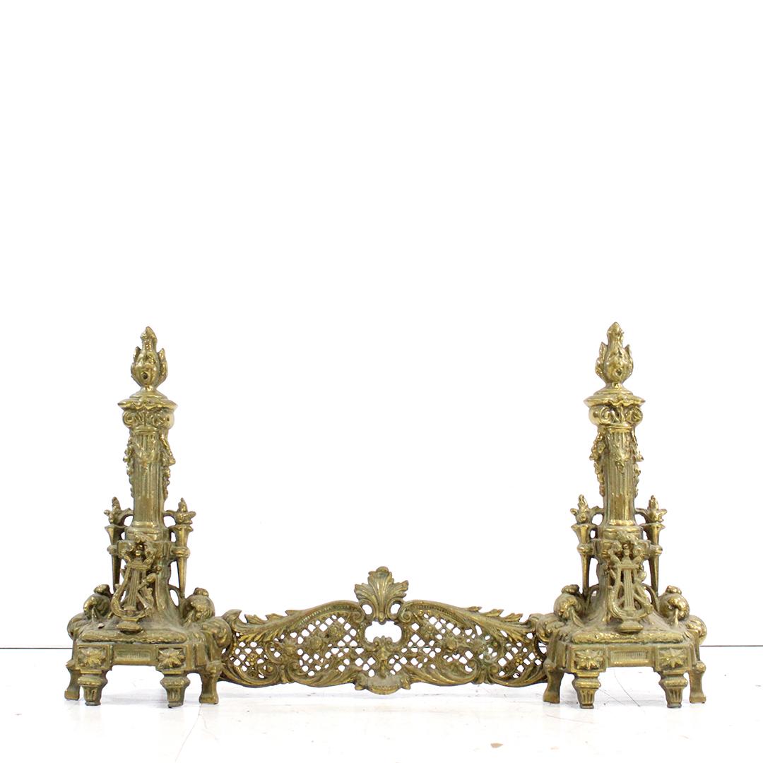 19th C. French Fancy Bronze Fireplace Andirons w Fender: 19th C. French Fancy Bronze Fireplace Andirons with attached Fender. Size: 18 in. height, 30 in. length.