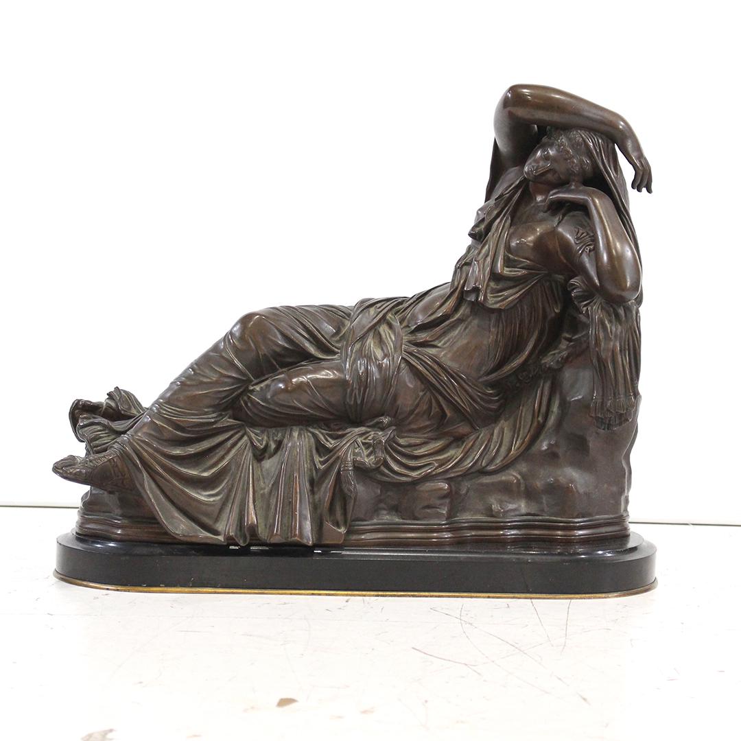 19th C. Lg Bronze Reclining Woman F Barbedienne Fondeur: 19th C. Large Bronze Reclining Classical Woman. Good bronze patina finish. Signed: F Barbedienne Fondeur. Mounted on black marble base. Antique. Size: 17 in. height, 20.5 in. length