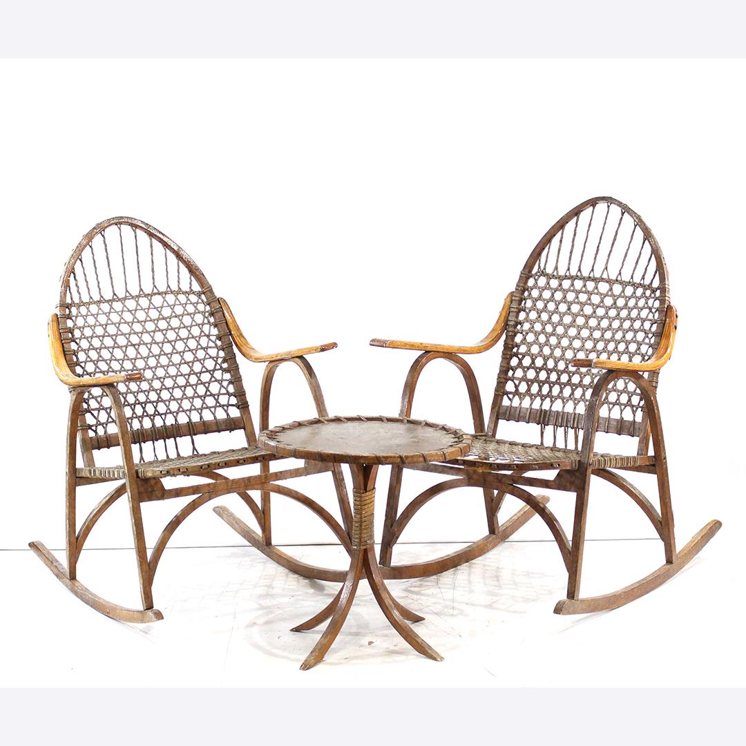 3 Pc Vintage Adirondack 2 Snowshoe Rockers, Small Stand: 3 Pc Vintage Adirondack 2 Snowshoe Rockers, Small Stand. Size: 34x22 chairs, 19x18.5 table